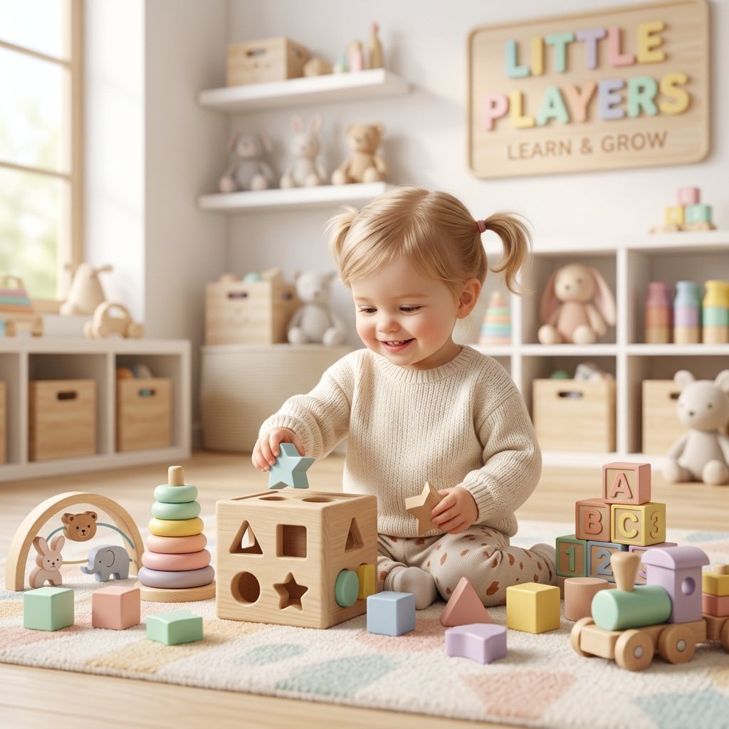 Happy child playing with educational toys